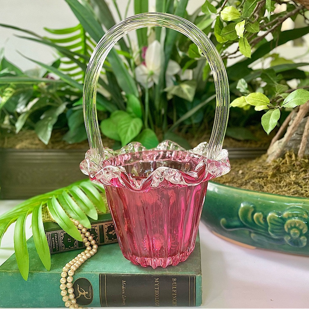 Mid-Century Modern Hand Blown Lead Crystal Cranberry Basket